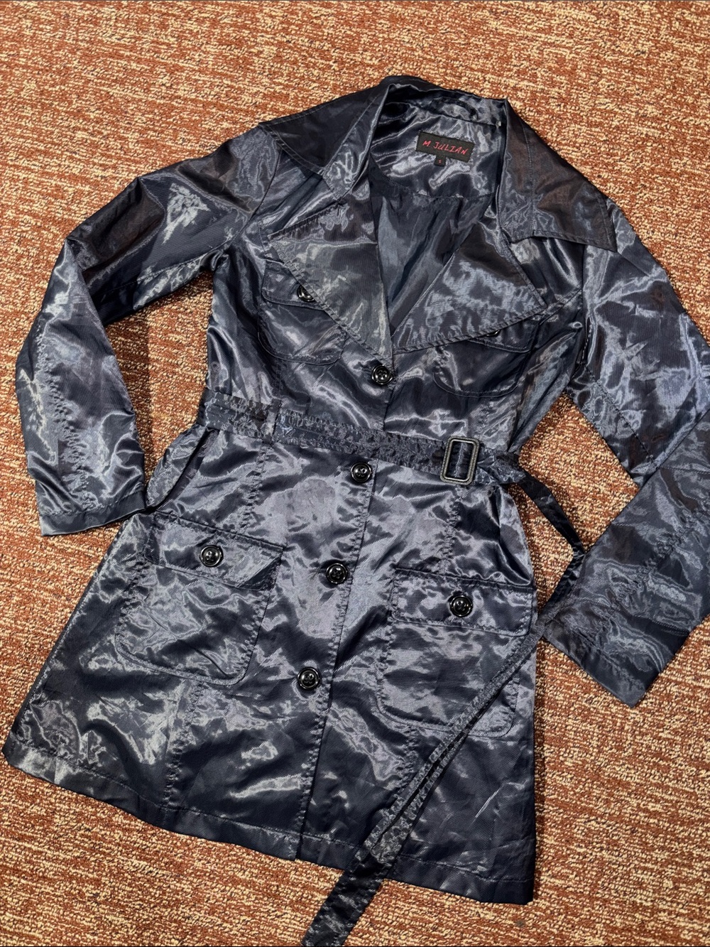M. Julian Navy Rain belted Trench Coat fitted knee length multi pocket shiny S
